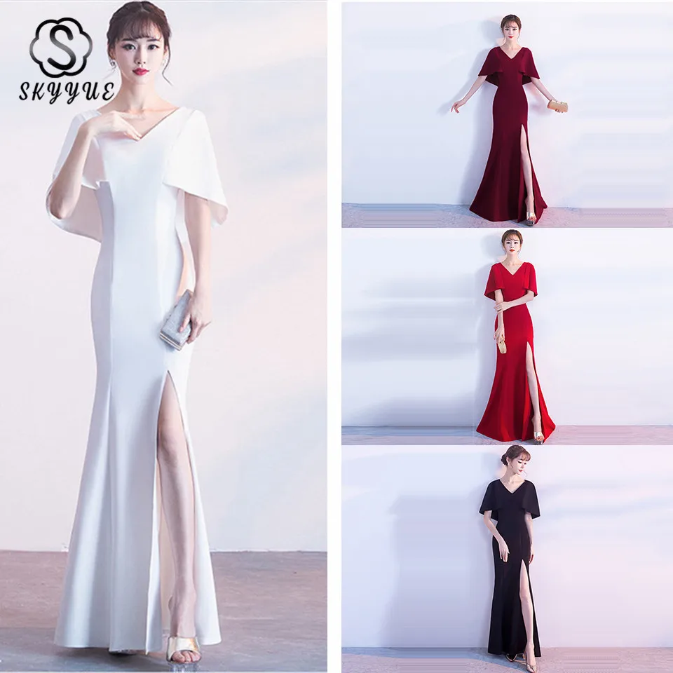 

Skyyue V-neck Short Sleeve Women Party Dresses Formal Gowns Off The Shoulder Elegant Robe De Soiree Evening Dress 2019 C186-DS1