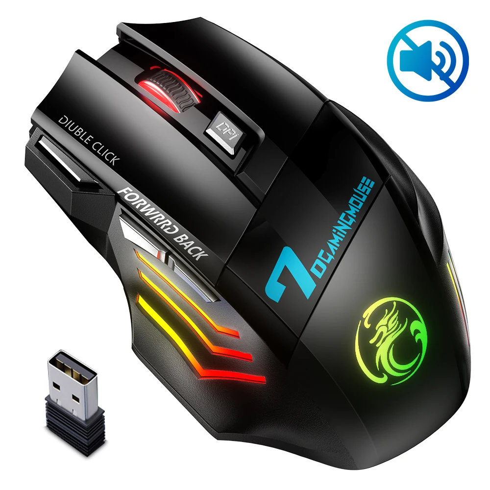 Ratón inalámbrico recargable para jugadores, ratón USB de Gaming ergonómico con retroiluminación Rgb, silencioso, X7, para ordenador portátil