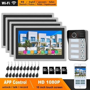 

HomeFong WiFi Video Intercom for 4 Apartment 10inch Touch Screen Monitor 1080P Video Doorbell Support Swiping Card Home Intercom