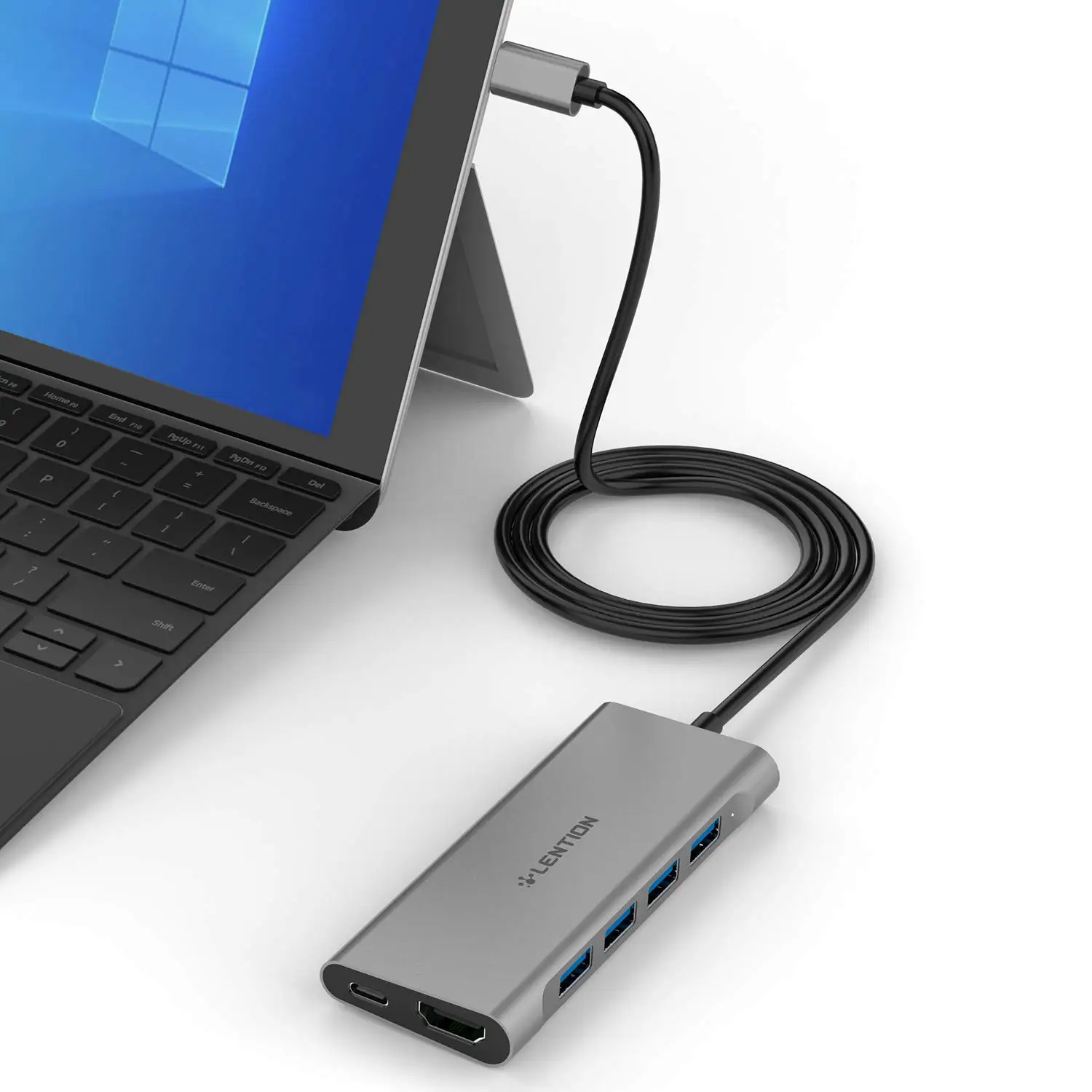 LENTION Hub USB 3.0 A 4 Porte + Alimentazione Tipo C – Cavo 0,6m – Per PC, MacBook, Desktop – HE32-0.6M