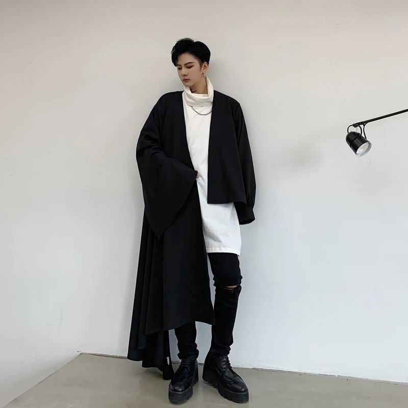Осенний мужской длинный Тренч с асимметричным дизайном, винтажный панк-плащ, Мужская нестандартная куртка в стиле хип-хоп, пальто оверсайз