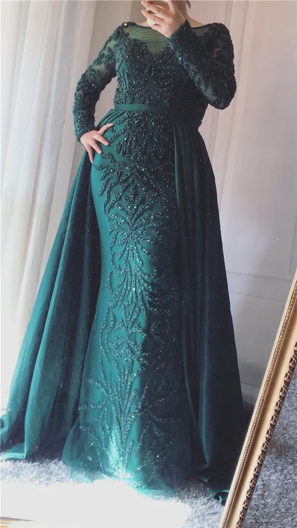Серое роскошное серое вечернее платье русалки со шлейфом и длинными рукавами, украшенное кристаллами, вечернее платье темно-синего цвета, CLA6172 - Цвет: Green