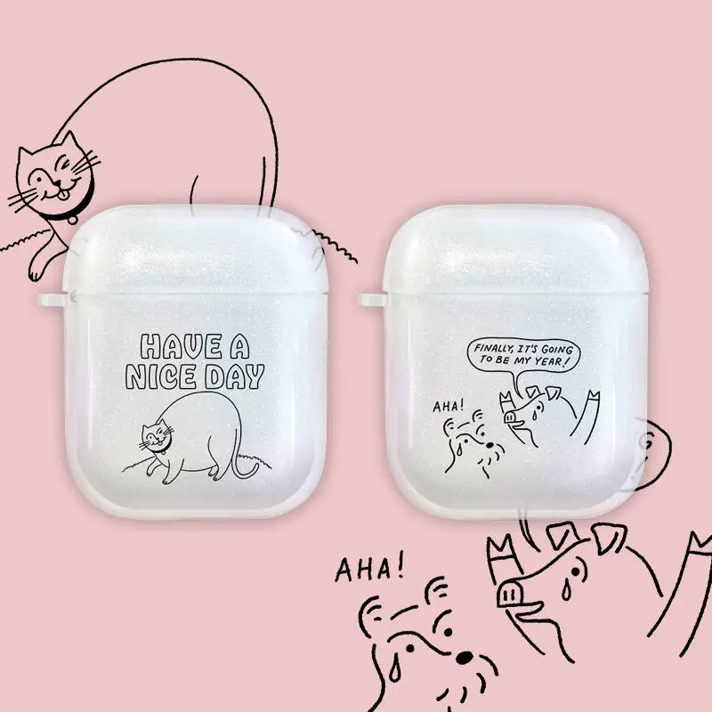 

Funny Cute Cat Pig Dog Glitter Soft TPU Case for Apple Airpods 1 2 English Letters Words Wireless Earphone Cover Headphone Box