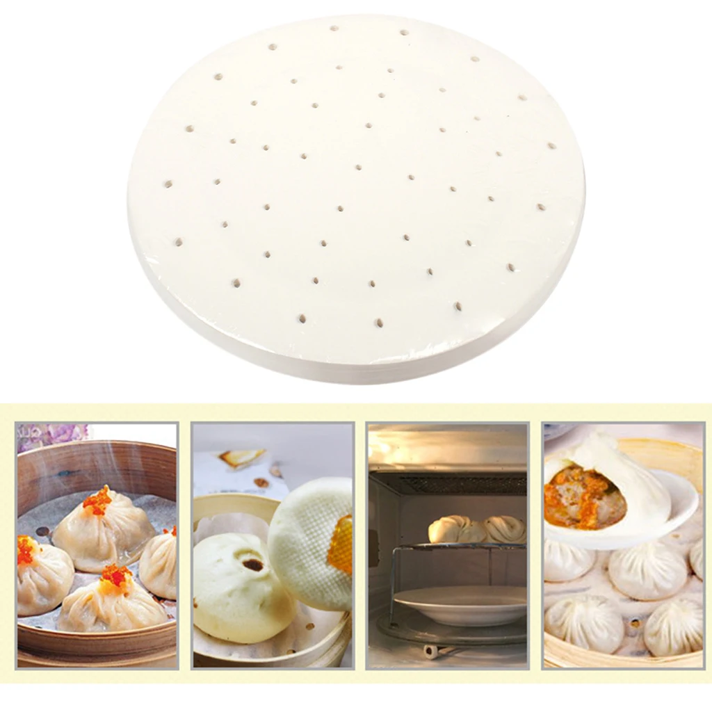 100pcs/set 4-9.5inch Perforated Bamboo Steamer Mat Liners Steamed Bun Baking Sheets