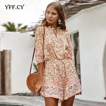 

2020 Summer Floral Print boho Jumpsuits Women V-Neck sexy loose drawstring waist jumpsuit romper chic beach Playsuits casual