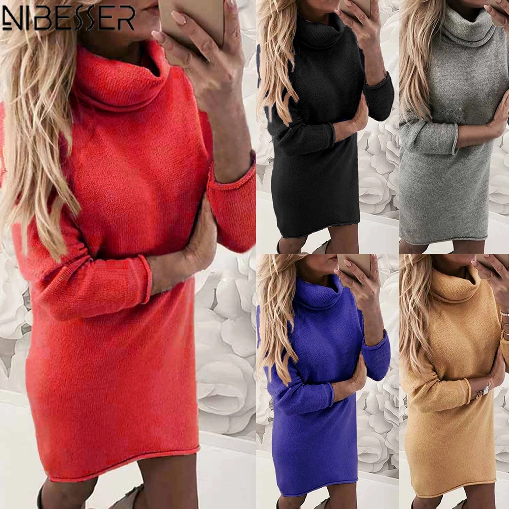 

NIBESSER Turtleneck Long Sleeve Sweater Dress Women Autumn Winter Loose Tunic Knitted Casual Pink Gray Clothes Solid Dresses