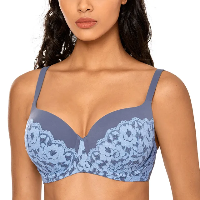 DOBREVA Women's Full Coverage Lace T Shirt Bra Lightly Lined Underwire  Smoothing