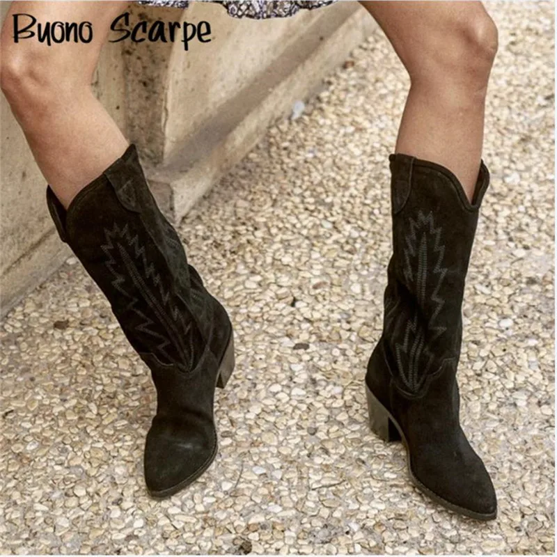 Women Knee Boots Natural Suede Embroidered Women Boots
