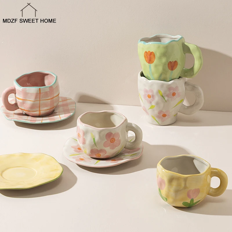 Hand-painted Flower Ceramic Coffee Cup Home Office Mug With Saucer Breakfast Milk Juice Creative Gift Microwave Safe | Дом и сад