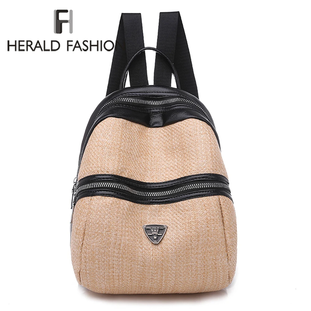 

Herald Fashion Women Straw&Pu Leather Patchwork Backpack Zipper Bags Female Bag Preppy Style Ladies College Girls Backpack