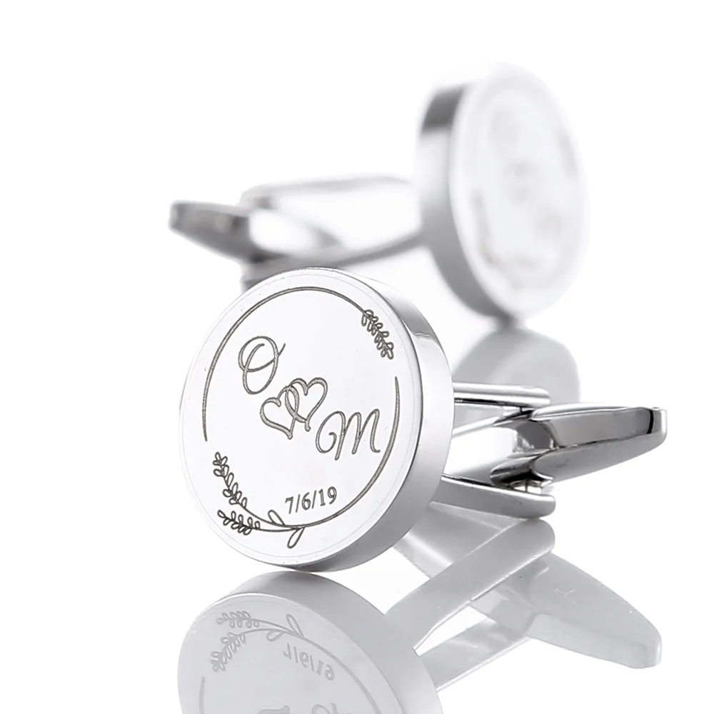 Personalized Name Date Cufflinks For Mens Customized Initials Groom Cuffs Buttons Wedding Sliver Round Suit Jewelry Gifts cyautoman worm gearbox reducer nmrw090 rw90 sliver suppliers input19 22 24 28mm output 35mm ratio 5 1 100 1 round square flange