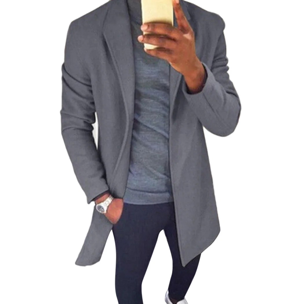 

Fashion Winter Cardigan Men Wool Trench Coat Windbreaker Warm Lapel Long Coats Male Solid Slim Jacket Autumn Outwear Female A5