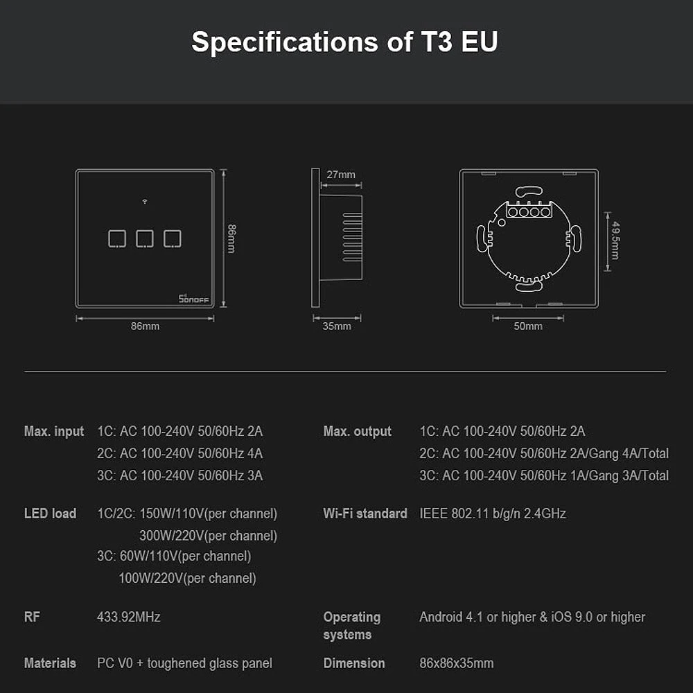 Интеллектуальный выключатель света SONOFF T3EU TX умный переключатель дистанционного Управление Переключатель Wi-Fi с границы умный дом 1/2/3 433 RF/Голосовое управление/приложение Управление для Alexa Google Home