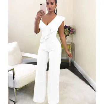 

2019 Autumn V-neck Layered Ruffles High Waist Jumpsuit Women Streetwear Wide Leg Rompers Solid Loose Casual Overalls