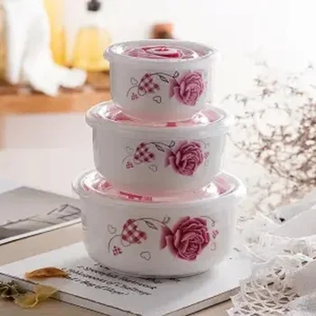 

Ceramic Fresh Bowl Three-piece Set Lunch Box with Lid Microwave Lunch Box Refrigerator Storage Box Large Instant Noodle Bowl Set