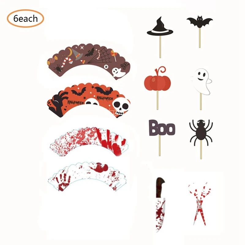 New-48Pcs Halloween Cupcake Toppers Wrappers Cake Picks Cupcake Liners Food Picks for Halloween Party Supply Decorations
