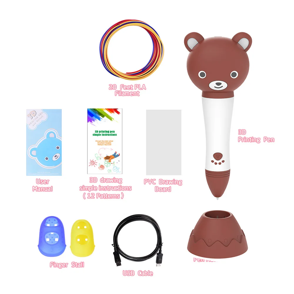 3D Pen with PLA Filament Refills Voice Prompts 3D Printing Drawing Pen Extruding Speed Control Perfect Gift for Kids DIY - color: Brown