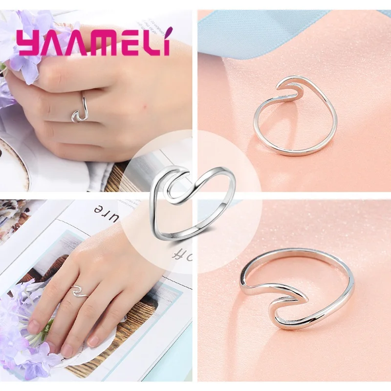 Silver Ring Popular Wave Band Ring 925 Sterling Silver Creative Handmade Smooth Statement Unisex Party Stackable Jewelry