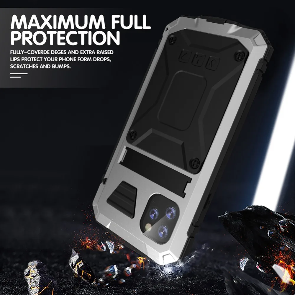 For iPhone 11 Pro Max XS XR XS Max X Metal Aluminum Armor Shockproof Heavy Duty Waterproof Case protective Cover+Tempered glass (31)