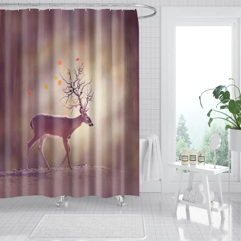 

Waterproof Thicken Cute Little Deer Grey Bathroom Shower Curtain Polyester Mildew Proof Bath Tub Curtain with 12 pcs Hooks