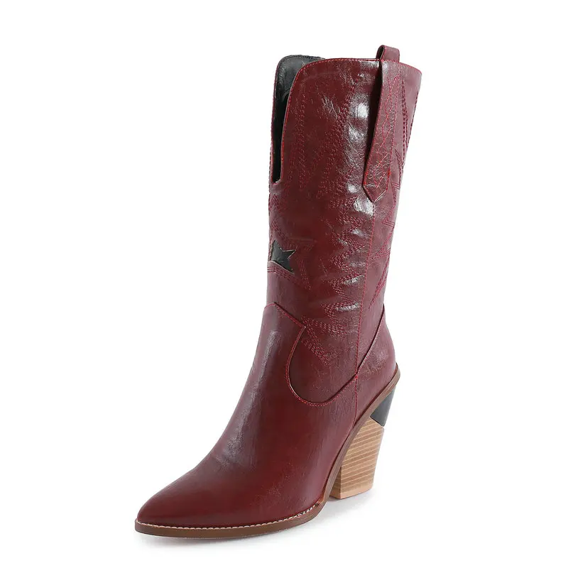 

Pointed Toe Wedge Heel Western Boots for Women High Heel Cowboy Boots 2019 Winter New Warn Mid-calf Boots Woman Shoes