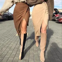 Женская замшевая длинная юбка цвета хаки на осень и зиму, повседневная юбка со шнуровкой, Женская миди-юбка с высокой талией, Офисная женская элегантная