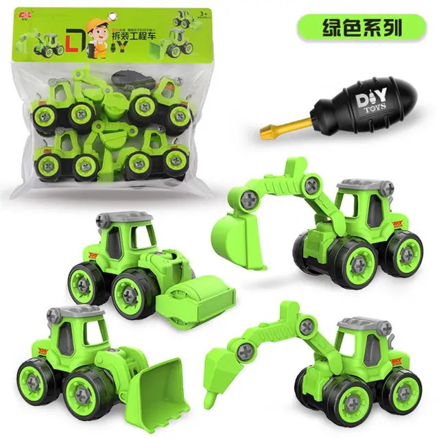 4pcs Construction Toy Engineering Car Fire truck Screw Build and Take Apart Great for Kids Boys 4