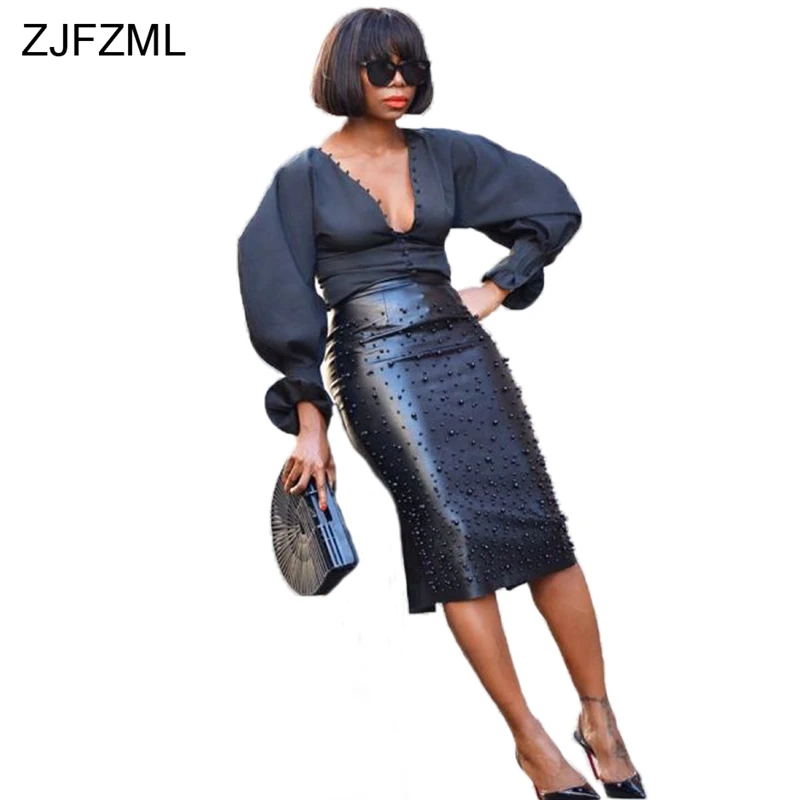 Black Skirt ZJFZML, сексуальная юбка из искусственной кожи размера плюс для женщин, украшенная бисером, высокая талия, юбка-карандаш миди, элегантные вечерние юбки с разрезом сзади - Цвет: Black Skirt