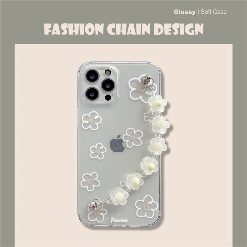 Korea Cute Flower Wrist Chain Transparent Phone Case for iPhone 11 12 Pro XS Max Mini X XR 7 8 Plus SE Bracelet Soft Back Cover | Мобильные
