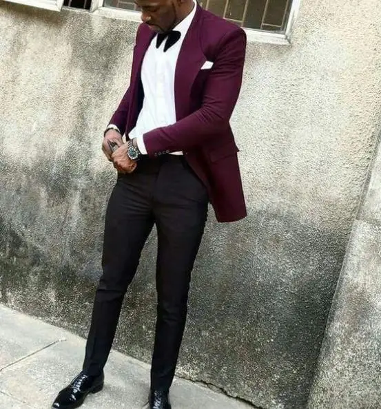 Fashion Burgundy Jacket Slim Fit Groomsmen Wedding Tuxedos For Men Shawl  Lapel One Button Formal Prom Suit With Black Pants - Suits - AliExpress