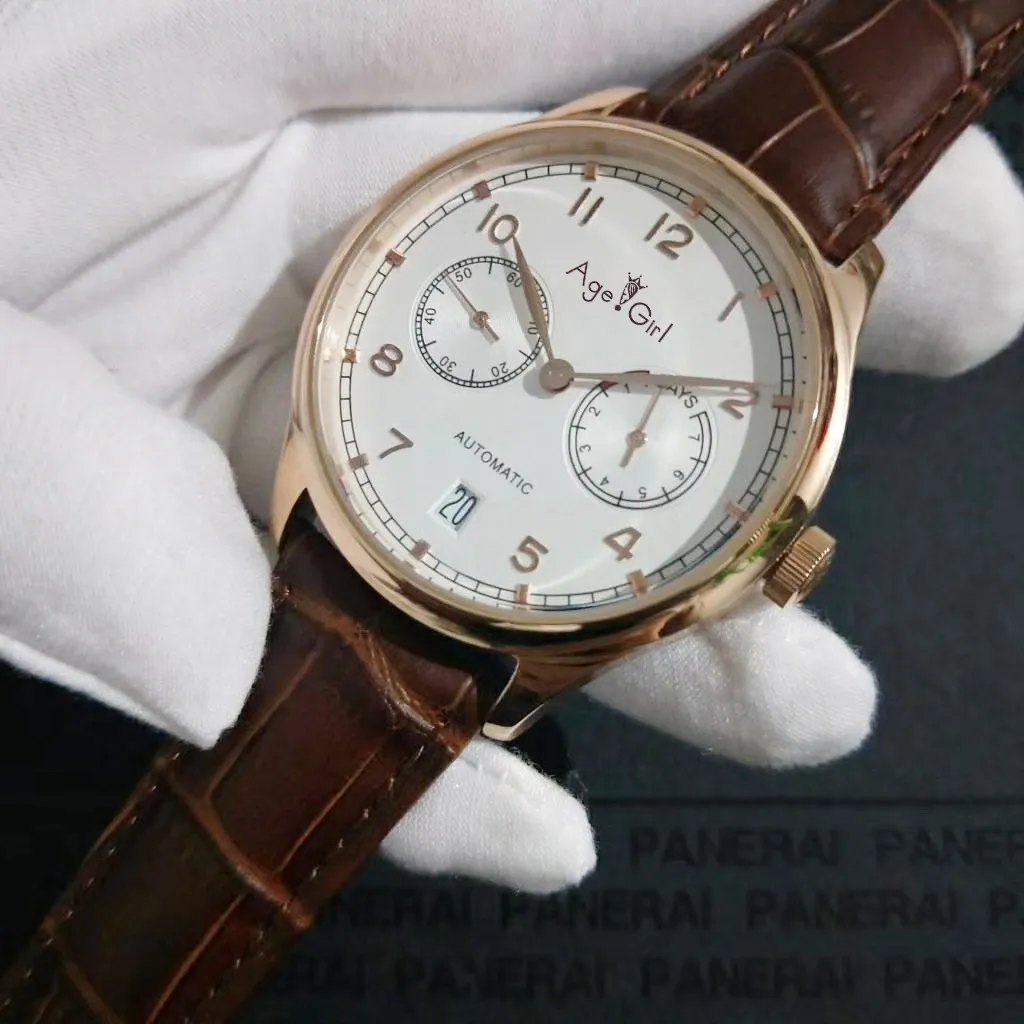 

Famous Brand New Men Automatic Mechanical Classic Portugieser 7 Day Power Reserve Rose Gold Brown Leather Watch White Glass back