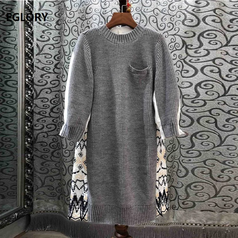 

2019 Autumn Fashion Sweater Dress High Quality Women Geometric Patterns Embroidery Patchwork Grey Black Knitted Dress Vintage