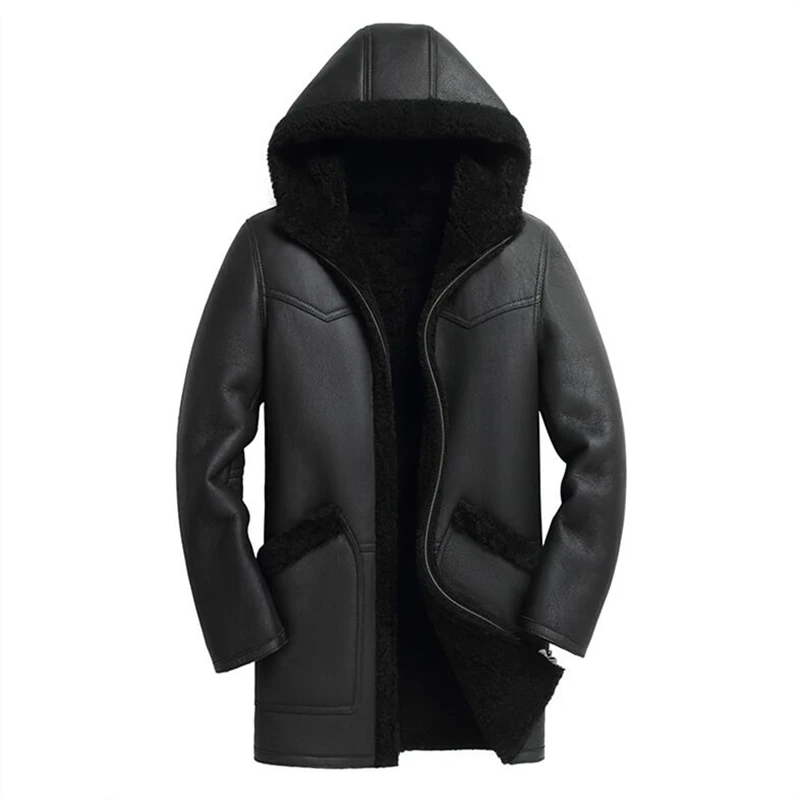 High Quality Fur one Men's Leather Jacket Hooded Genuine Leather Coat Men Winter Long Black Sheepskin Jackets