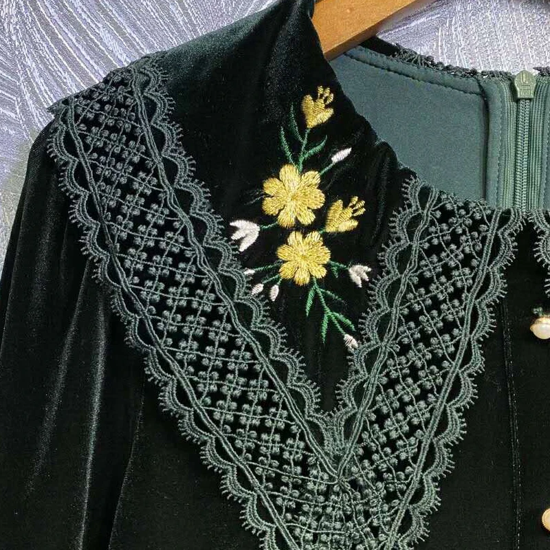 SEQINYY Loose Velvet Dress 2020 Autumn Winter New Fashion Design Women Lace Embroidery Flowers High Quality Mini Runway