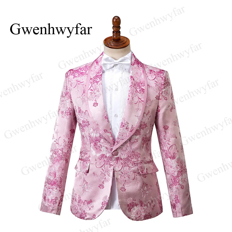 Gwenhwyfar Pink Men Tuxedos Floral 3 Pcs Slim Fit Shawl Lapel with Pipping Shinny Pants Male Party Tuxedos