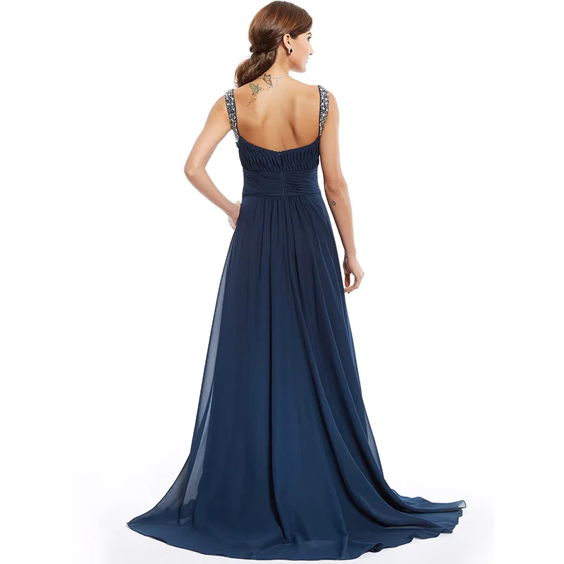 DressV темный темно-синий длинный недорогое вечернее платье расшитое бисером с рюшами без рукавов свадебное вечернее платье линии вечернее платье es