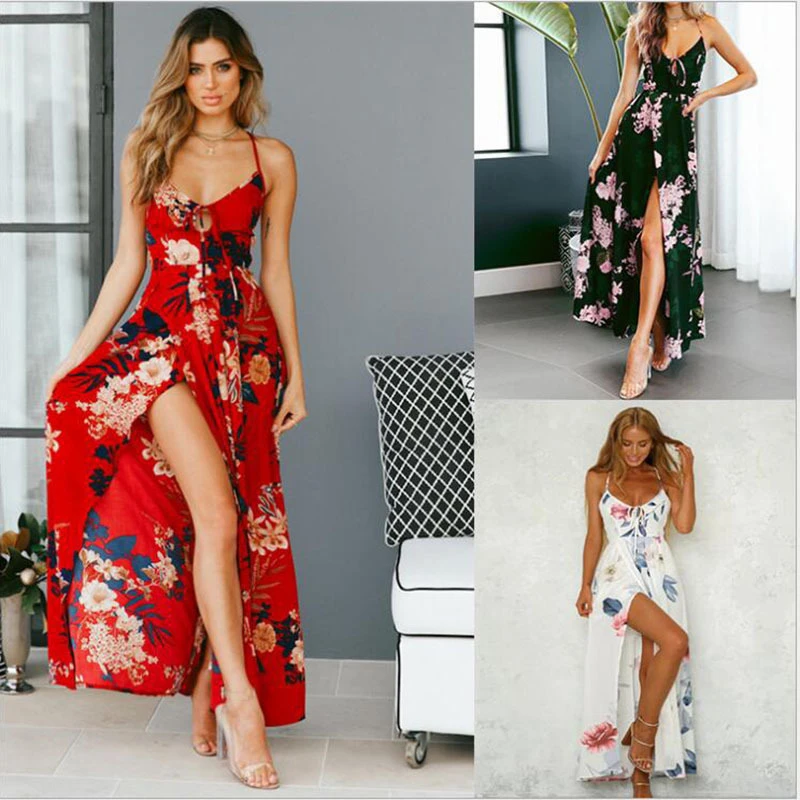 Vestidos largos sencillos y elegantes con cuello en V para mujer, falda con tirantes florales bohemios, vestido de gasa para mujer, falda de playa para - AliExpress