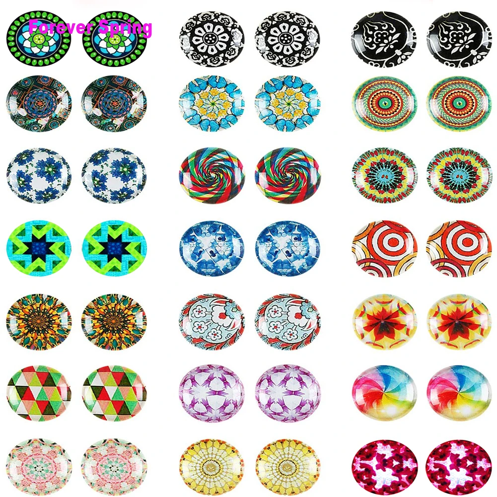 

200 Pieces 12 mm Mosaic Printed Glass Dome Cabochons Mosaic Tiles with 20 Pieces Stainless Steel Stud Earring for Jewelry Making