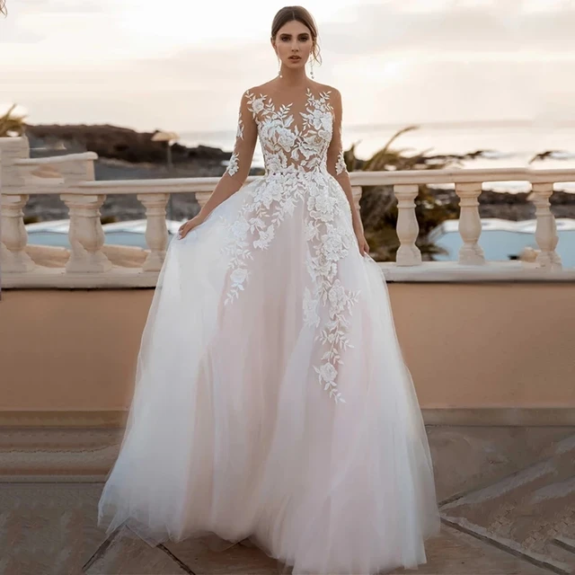 Floral Appliques Wedding Dresses Three Quarter Scoop Neck Backless A-Line Court Train Tulle Bridal Gowns Vestido De Novia 2022 as picture