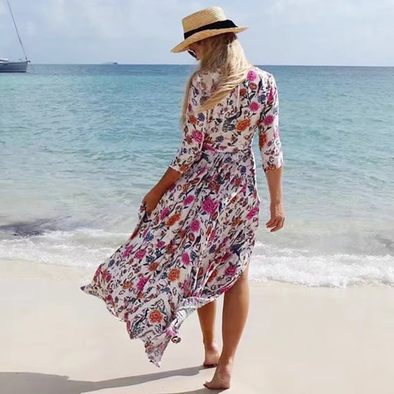 Длинное платье TEELYNN Boho 2020 с цветочным принтом хлопковое сексуальное v образным