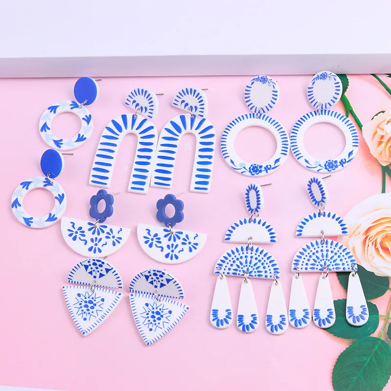 Vintage Blue And White Porcelain Print Acrylic Drop Earrings For Women Chinese Style Geometric Chinaware Print Dangle Earrings