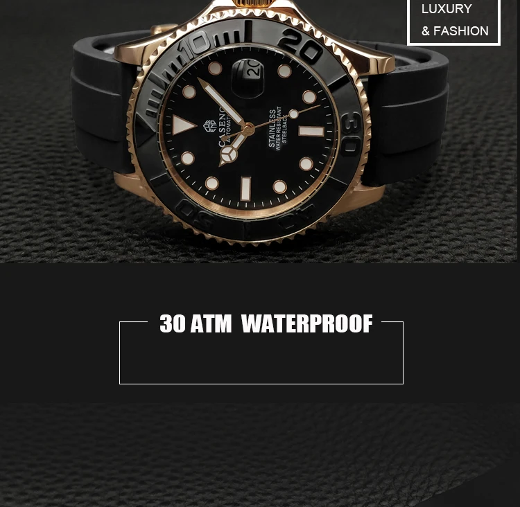 Automatic Mechanical Watch Men Top Luxury Brand Mens Watches Black Ceramic Outer Ring Gold Stainless Steel Silicone Watch CASENO