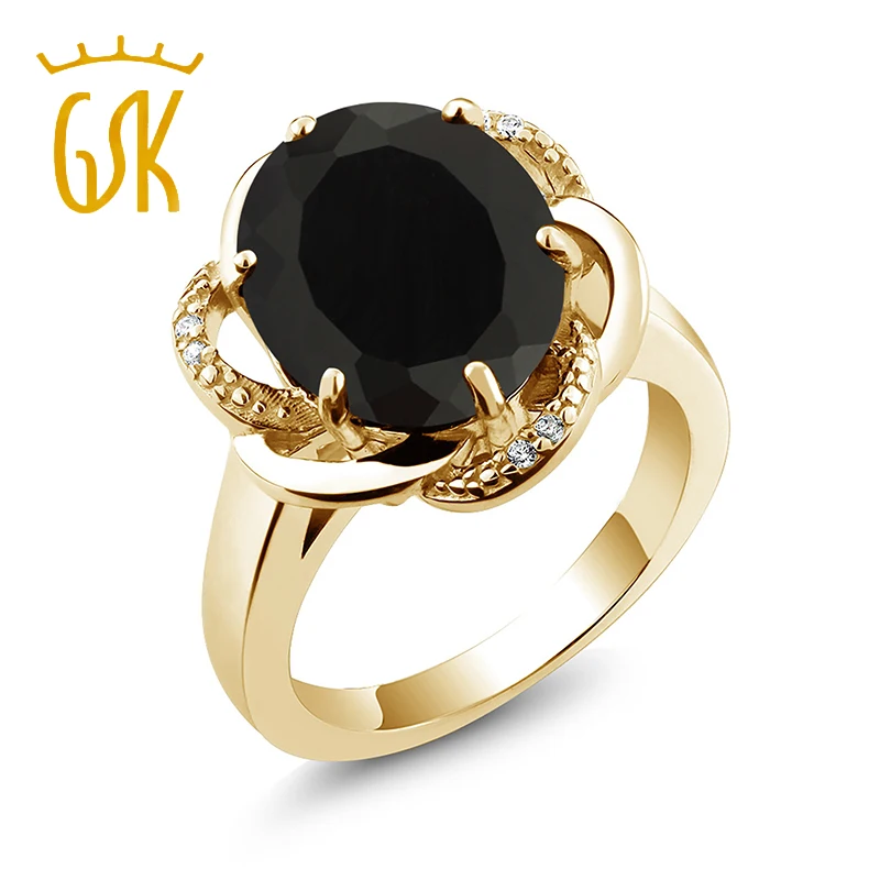 GemStoneKing 0.57Ct Oval Black Classic Natural Onyx Gemstone 18K Yellow Gold Plated Silver Ring For Women Fine Jewelry | Украшения и