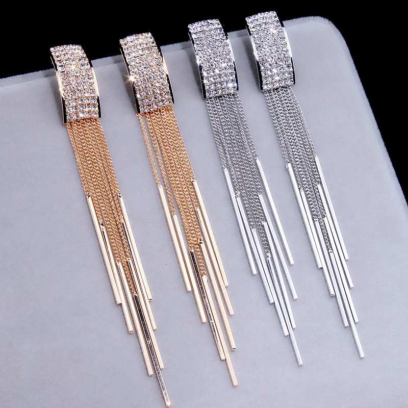 

2019 New Gold Color Long Crystal Tassel Dangle Earrings for Women Wedding Drop Earing Brinco Fashion Jewelry Gifts