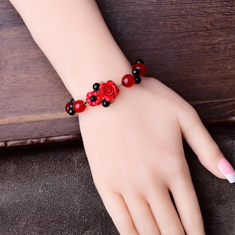 Hand Knitted Vintage Black Onyx Beads Strand Bracelet Classical Cinnabar Synthetic Flower Charm Bracelets Woman Jewelry Gift | Украшения и