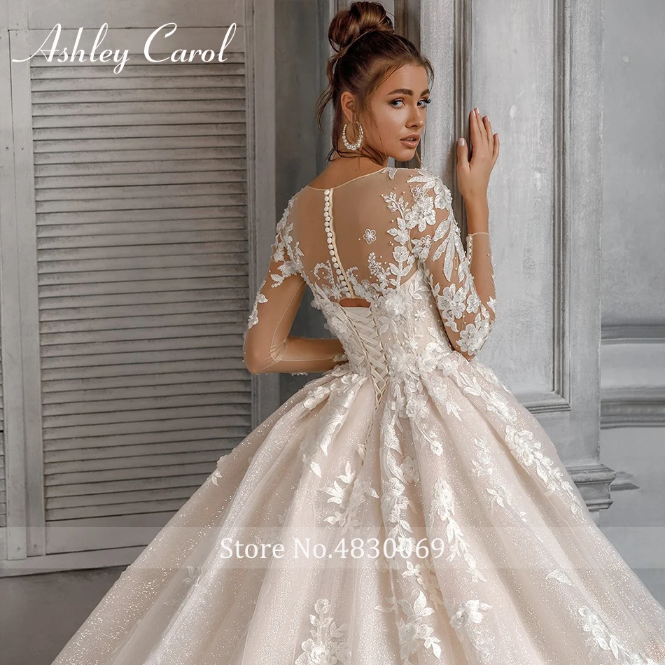 Ashley Carol сексуальное роскошное кружевное свадебное платье принцессы с круглым вырезом с длинным рукавом с аппликацией из бисера романтическое платье невесты Свадебные платья - Цвет: Шампанское