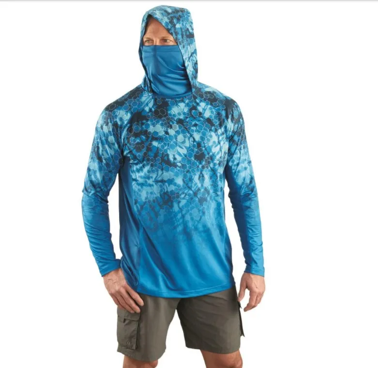Mens Fishing Hooded Sweatshirt Performance Fishing Shirts With Neck Gaiter UPF 50+ Dry Fit Quick-Dry Sun Protection