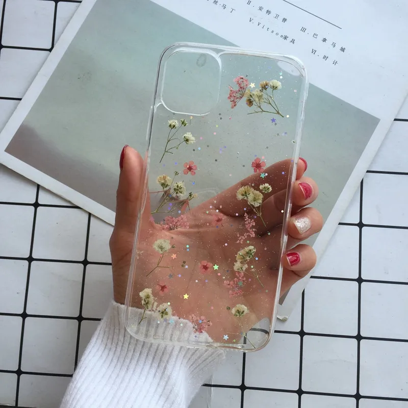 Tfshining настоящий прессованный высушенный чехол с цветами для iphone 11 11pro max X XR Xs max 6 6s 7 8 plus, прозрачный чехол, блестящий девчачий чехол