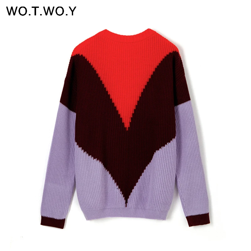 WOTWOY, новинка, Осень-зима, контрастные цвета, пэчворк, женский свитер, Повседневный, пуловер, для женщин, с круглым вырезом, вязаный, водолазка, Pull Femme