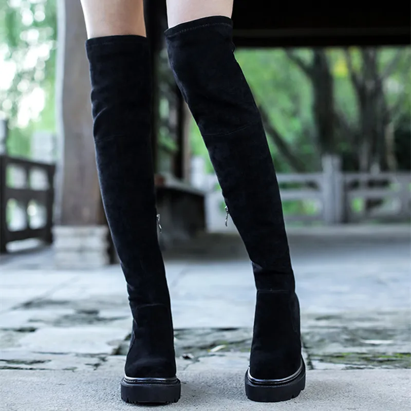 

OCCAMAN Winter Newest Style Plush Wedges Shoes Lace Up Sexy High Heels Shoes Woman Female Slim Thigh Over Knee High Boots 85255
